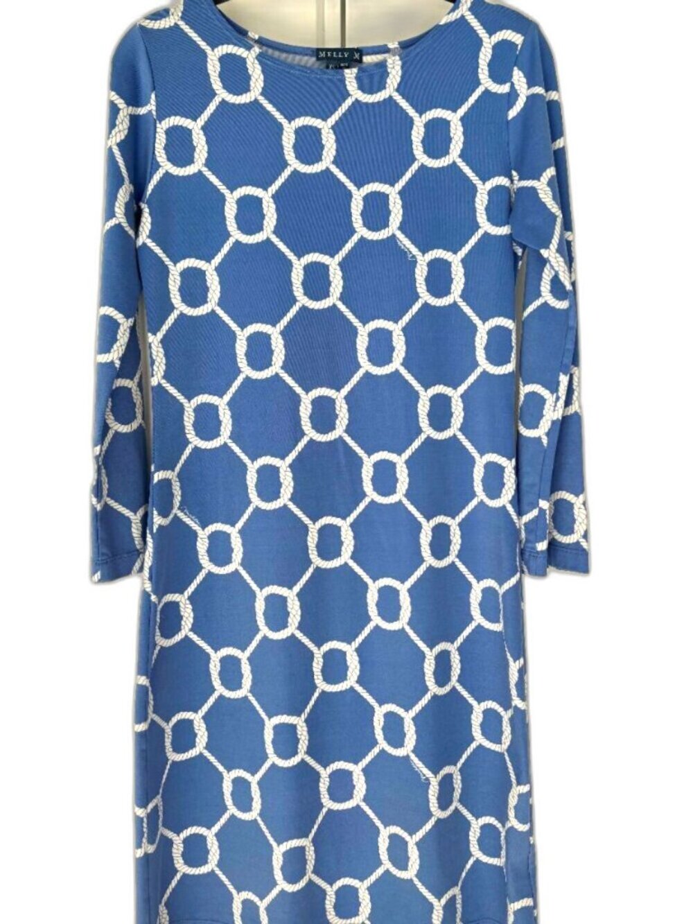 Melly M Nautical Rope Print Dress XS Blue White Preppy Coastal Shift 3/4 Sleeve - Picture 4 of 5
